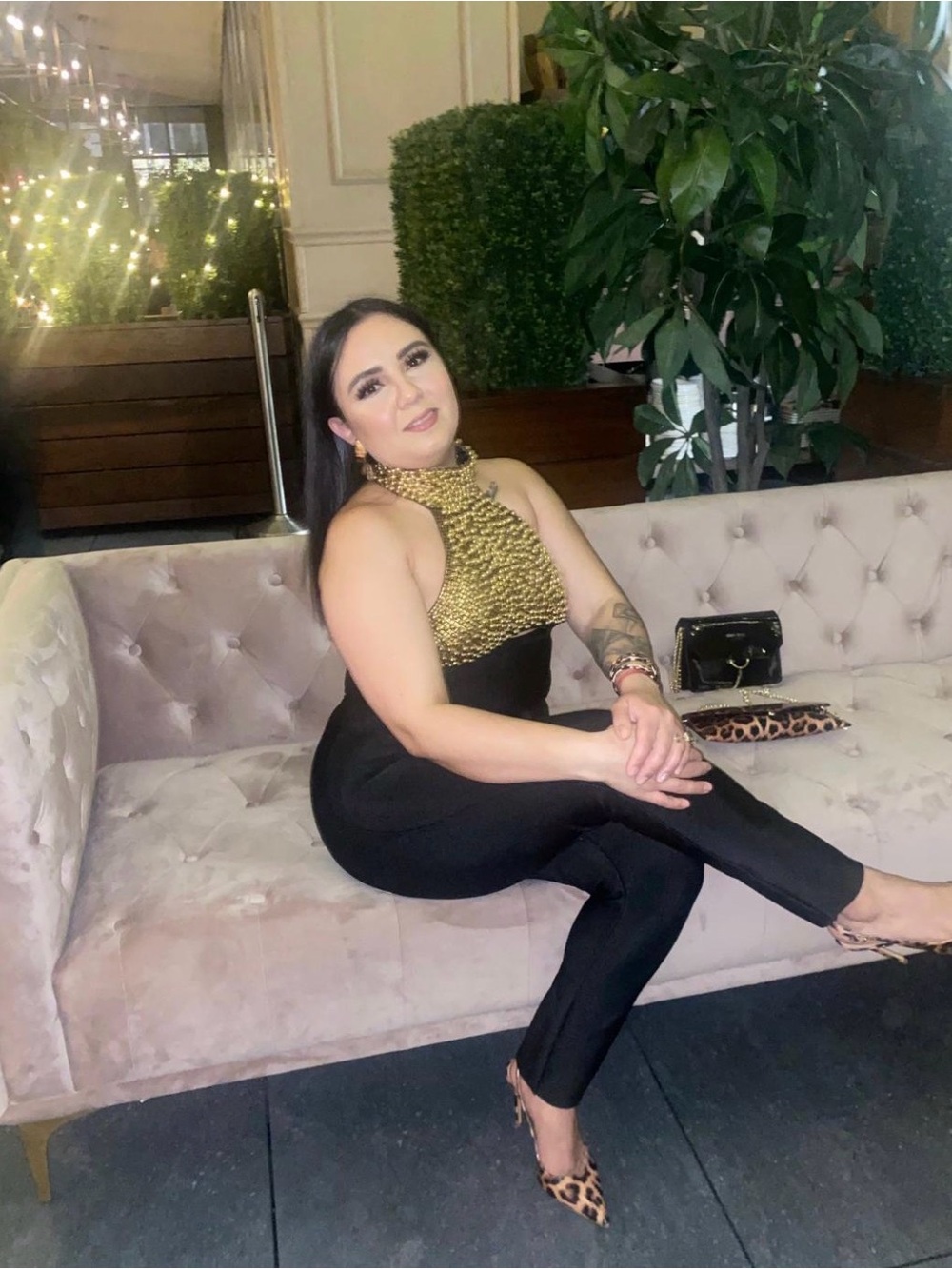 Fashion Nova Black Jumpsuit with Gold Beaded Halter Neck